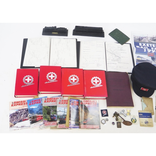 1489 - Collection of Railwayana from Ex-Railway Driver including hat, badges, papers, Swiss Railway magazin... 