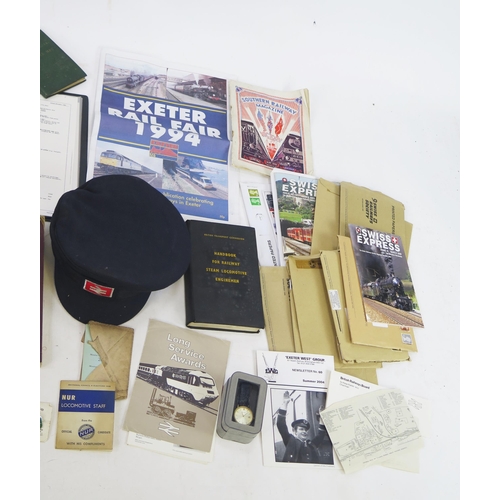 1489 - Collection of Railwayana from Ex-Railway Driver including hat, badges, papers, Swiss Railway magazin... 