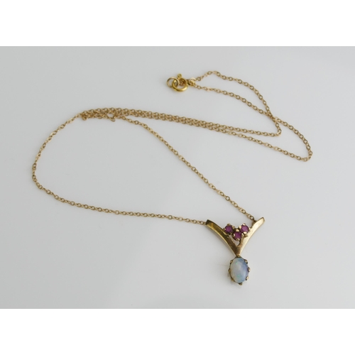 151 - A 9ct Gold, Opal and Ruby Necklace, 39cm, hallmarked, 2.14g