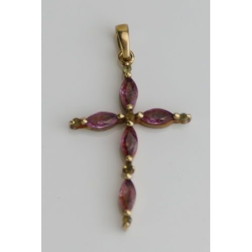 159 - A 9ct Gold and Pink Tourmaline Cross Pendant, 37.3mm drop, CCM mark, 2g