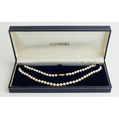 162 - An H. Samuel Cultured Pearl Necklace with 9ct gold clasp, 40.5cm