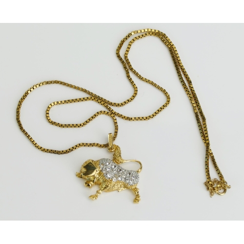 18 - A 9ct Gold Box Link Chain (clasp stamped 9C, c. 50cm) and with a plated paste set Taurus bull pendan... 