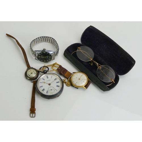 207 - A Silver Cased Open Dial Keywound Pocket Watch (running), a lady's silver cased wristwatch, wire rim... 