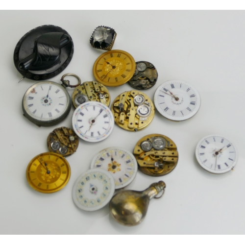 208 - A Victorian Jet Brooch, lady's fob watch, various fob watch movements, etc.