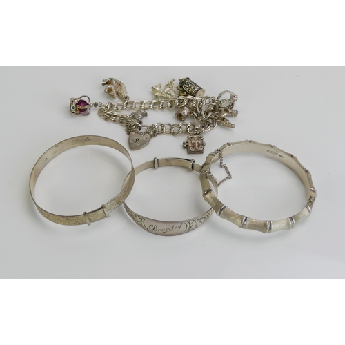 214 - A Selection of Silver Jewellery including a charm bracelet and bangles, 81g