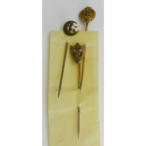 227 - A Ruby and Seed Pearl Shield Shaped Stick Pin and two others