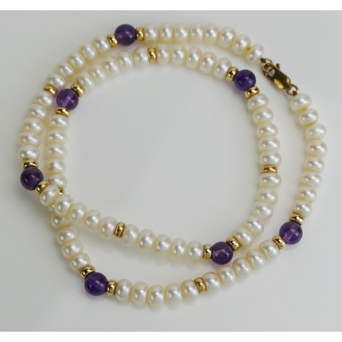 236 - A 9ct Gold, Amethyst and Fresh water Pearl Necklace