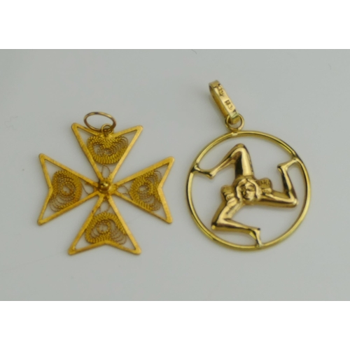 250 - An 18ct Gold Filigree Maltese Cross Pendant, 26.75mm drop and an 18ct gold Isle of Man pendant, 3g