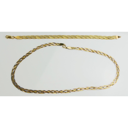 256 - A 9ct Gold Tri-colour Necklace (42cm, A/F) and two tone Bracelet (19.5cm), 8.78g