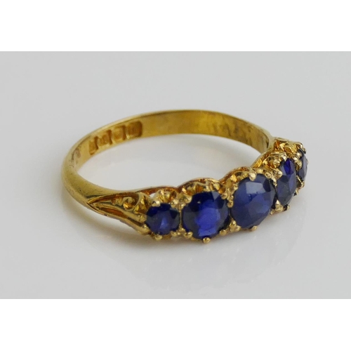 261 - An Antique 18ct Gold and Natural Sapphire Five Stone Ring, size M, London 1907, 2.88g