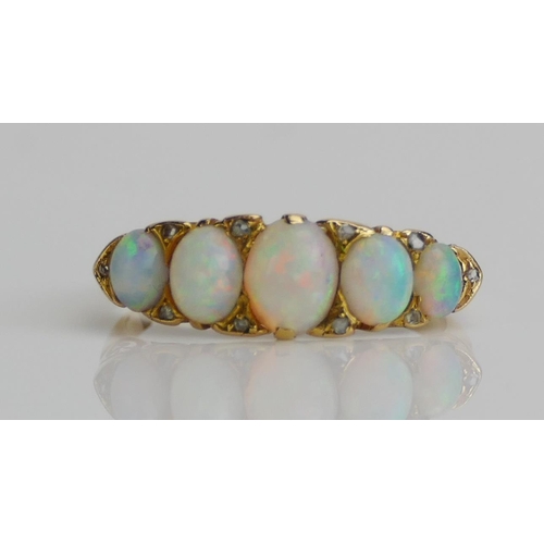 263 - An Antique 18ct Gold, Opal and Rose Cut Diamond Ring, size P.25, rubbed hallmarks, 4.04g