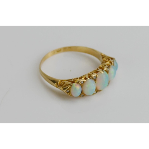 263 - An Antique 18ct Gold, Opal and Rose Cut Diamond Ring, size P.25, rubbed hallmarks, 4.04g