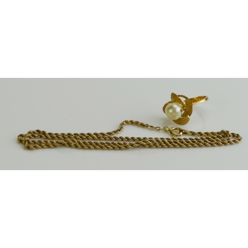 275 - A 9ct Gold Rope Twist Necklace (41.5cm, CCM mark, 2.18g) and a continental gold and pearl or culture... 