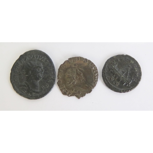 312 - Three Roman coins: Carausius (286 - 293 CE) Ae antoninianus, 2.48 grams, 20.5 mm, uncertain mint. Re... 