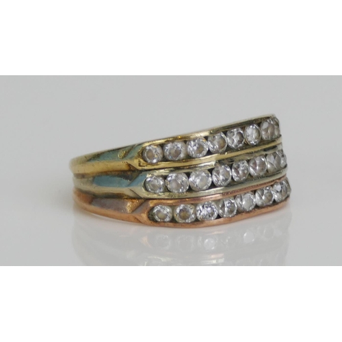 33 - A 9ct Gold Tri-colour Gold Three Row Dress Ring, size P, import marks, 4.4g