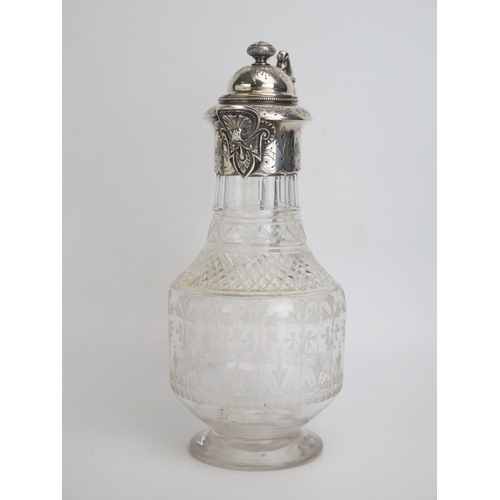 540 - A late Victorian etched glass and silver [plate mounted claret jug, with domed hinged lid, grotesque... 