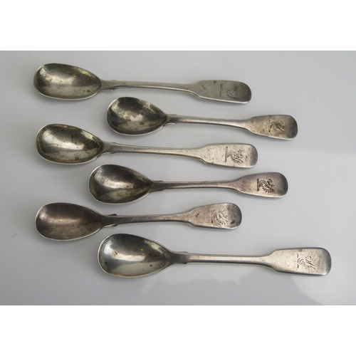 559 - Six assorted silver mustard spoons, various makers and dates, all crested, 55gms, 1.79ozs