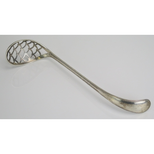 575 - A Dutch silver Old English and Thread pattern egg lifting spoon, with pierced oval bowl, 23cm long, ... 