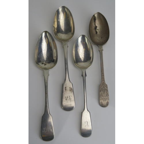 576 - Four assorted silver Fiddle pattern tablespoons, various makers and dates, all initialled, total wei... 