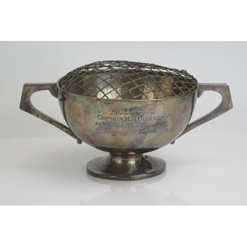 585 - A George V silver twin handled  rose bowl, maker John Bartleman & Son, Birmingham, 1913, inscribed, ... 