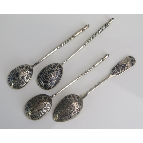 673 - Four assorted Imperial Russian silver and niello enamel teaspoons, 46gms, 1.48ozs