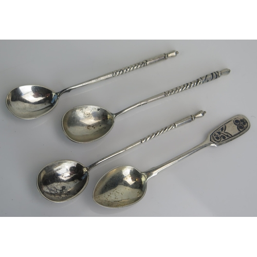 673 - Four assorted Imperial Russian silver and niello enamel teaspoons, 46gms, 1.48ozs