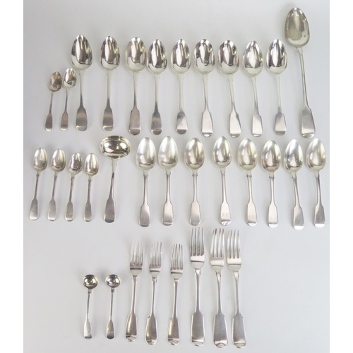 675 - A mixed collection of Fiddle pattern silver flatware, various makers and dates, includes serving spo... 