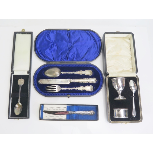 684 - An Edward VIII silver three-piece christening set, initialled, includes napkin ring, egg cup spoon, ... 