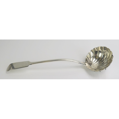 688 - A Victorian silver Fiddle pattern soup ladle, maker's mark worn, London, 184, with shell-shaped bowl... 