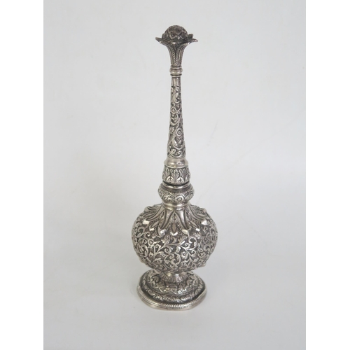 727 - An antique Indian silver rose water sprinkler, of traditional baluster form with slender neck, raise... 