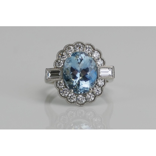 77 - A Platinum, Aqua Marine and Diamond Cluster Ring, c. 12x10.6mm principal stone, surrounded by 14 c. ... 