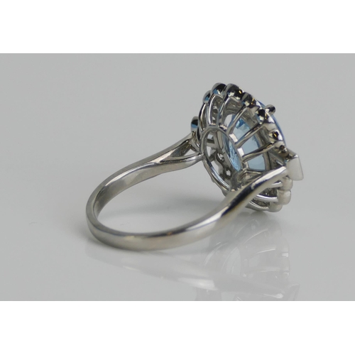 77 - A Platinum, Aqua Marine and Diamond Cluster Ring, c. 12x10.6mm principal stone, surrounded by 14 c. ... 