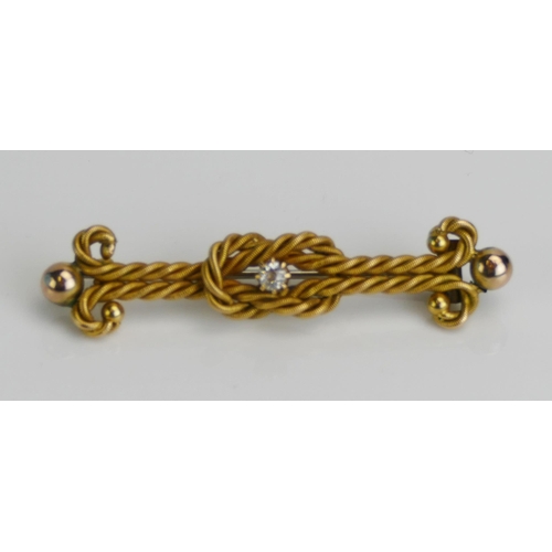 94 - A Victorian 15ct Gold and Old Cut Diamond Brooch, 51mm wide, c, 3mm stone, stamped 15CT, 6.46g