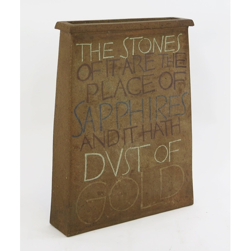 1020 - A Large Studio Pottery Slab Vase decorated with biblical quotations from Job, 48(h)x36(w)x9(d)cm