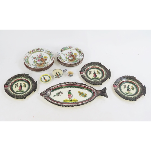 1079 - A Quimper ware serving dish of fish-shaped outline, with three matching plates and a collection of S... 