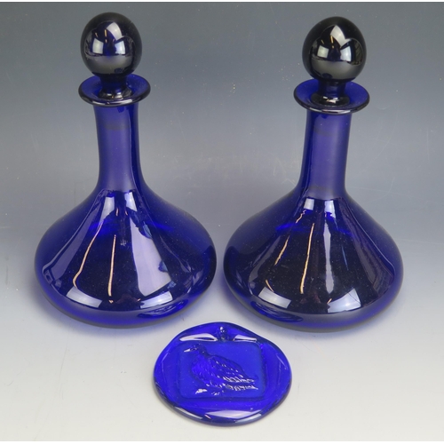 1194A - A Pair of Thomas Webb 'Bristol Blue' Glass Decanters, one with acid etched mark, the other engraved ... 