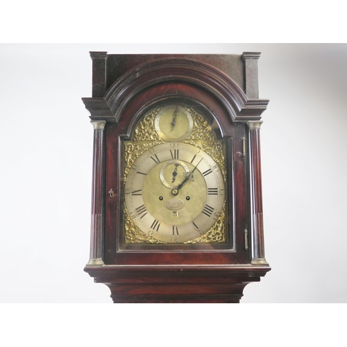 1253A - P Lanny, London, a mahogany longcase clock, with square hood having fluted columns, with arched wais... 