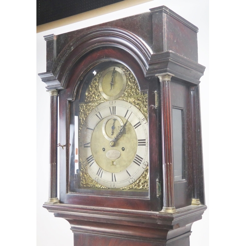 1253A - P Lanny, London, a mahogany longcase clock, with square hood having fluted columns, with arched wais... 