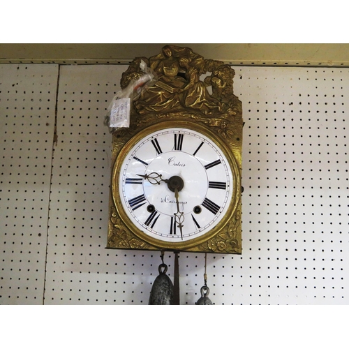 1258A - A 19th century French comptoise wall clock, with arched pressed brass dial, with 22cm enamel Roman d... 