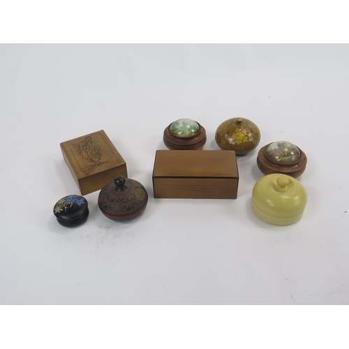 1843 - A collection of assorted boxes including Russian examples, circular boxes with paperweight lids and ... 