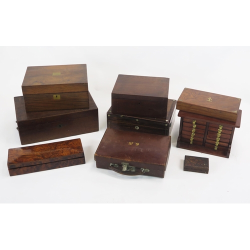 1855 - A collection of Victorian and later boxes, including writing slopes, sewing box, leather attaché cas... 