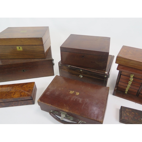 1855 - A collection of Victorian and later boxes, including writing slopes, sewing box, leather attaché cas... 