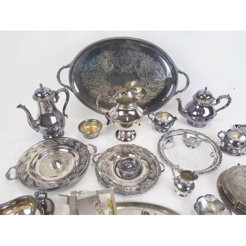 522 - A collection of assorted plated wares including tea service, tray, serving dishes, salver, flatwares... 