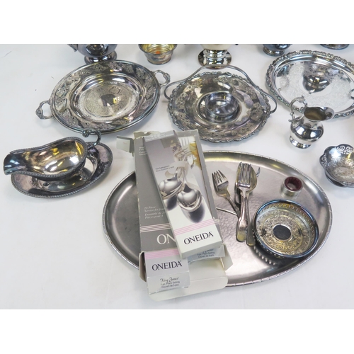 522 - A collection of assorted plated wares including tea service, tray, serving dishes, salver, flatwares... 