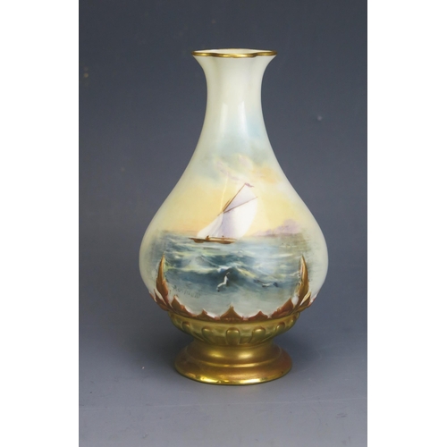 1096A - A Small Royal Worcester Vase decorated with a sailing boat in a seascape, signed, Raymond Rushton, 1... 