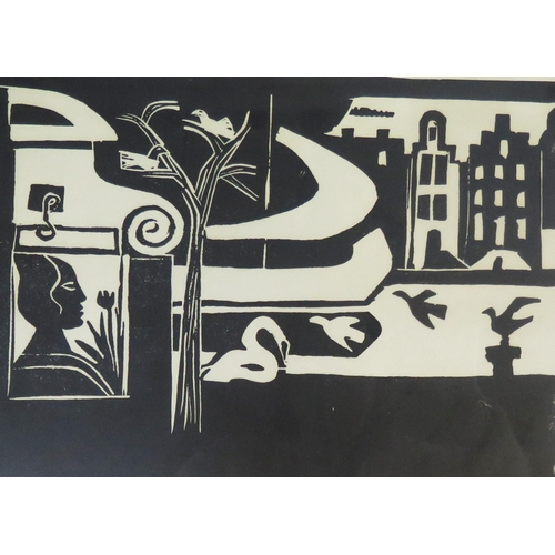 1514 - Two monochrome linocut prints, figures in urban landscapes, unsigned, 30 x 24cm and 28 x 21cm, F & G