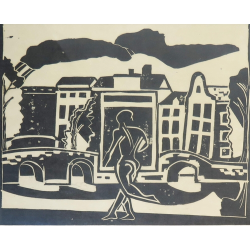 1514 - Two monochrome linocut prints, figures in urban landscapes, unsigned, 30 x 24cm and 28 x 21cm, F & G