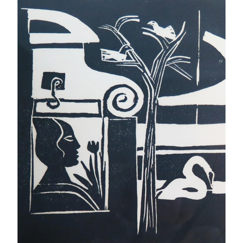 1514 - Two monochrome linocut prints, figures in urban landscapes, unsigned, 30 x 24cm and 28 x 21cm, F & G