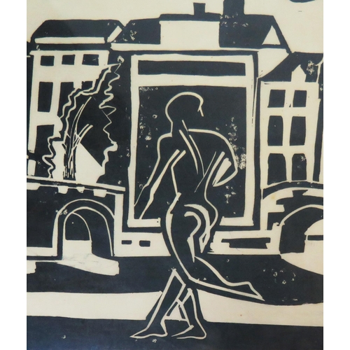 1514 - Two monochrome linocut prints, figures in urban landscapes, unsigned, 30 x 24cm and 28 x 21cm, F & G