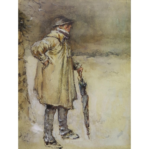 1529 - Early 20th century study of a Gentleman dressed for inclement weather, gouache on paper initialled G... 